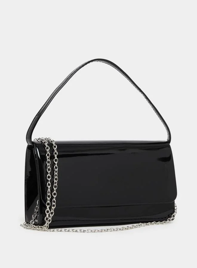 Women Black Patent Clutch Bag with Chain Strap